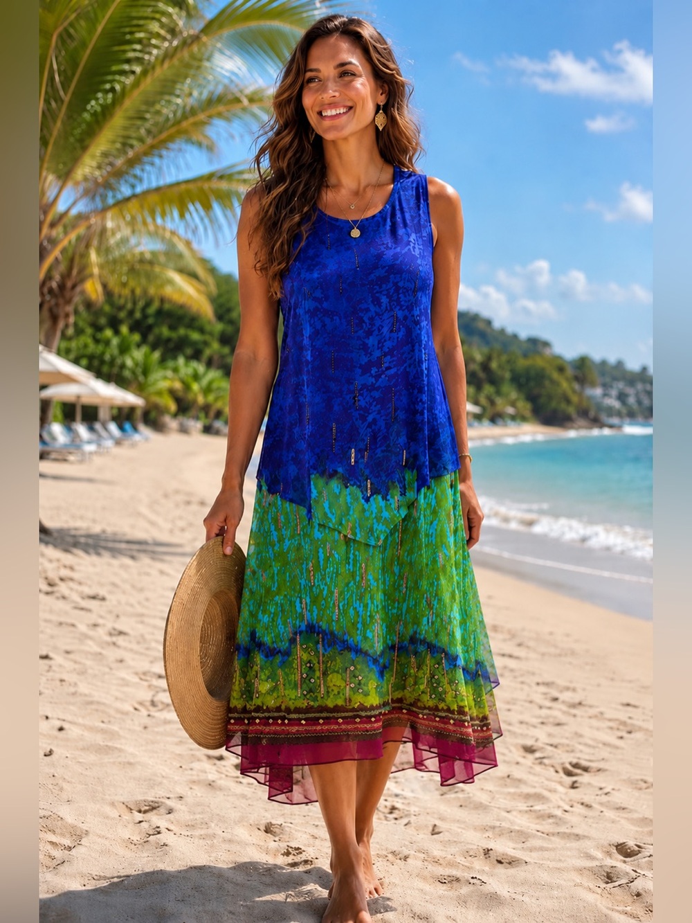 The Pyramid Collection Layered Asymmetrical Tropical Beach Dress/Swim Cover-Up M